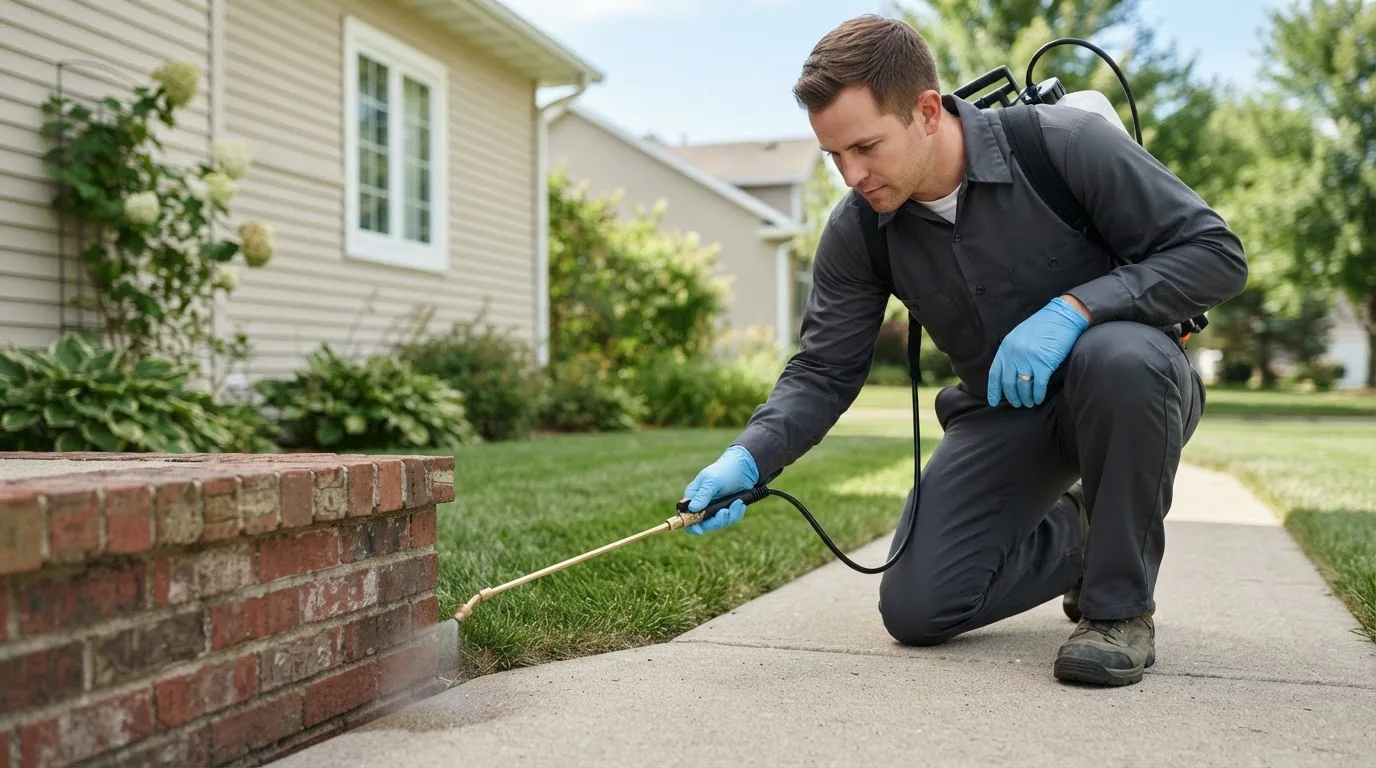 Pest control technician treating a home near Chugiak, AK